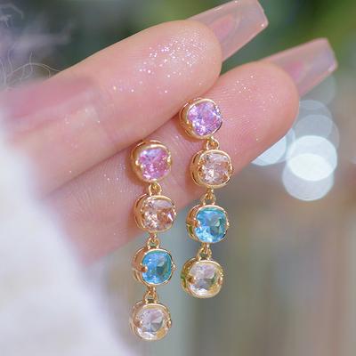 Women Pink Diamond and Haoshi Splicing Long Earring Luxury Colorful Zircon Exquisite Square Fashionable High End Pendant Earring