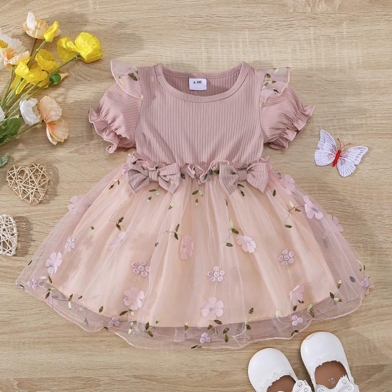 Baby Girls Princess Dress Long Sleeve Mesh Embroidery Bow Party Gown Fall