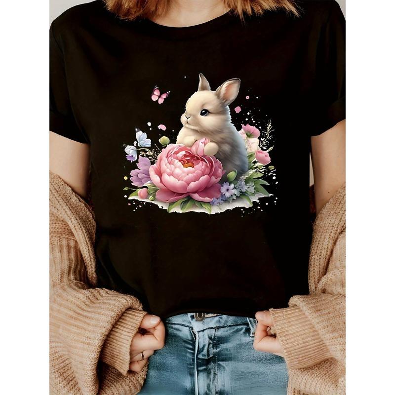 European Size Women's Easter Bunny Floral Print Short Sleeve T-Shirt - Soft, Casual Round Neck, Spring/Summer Sportswear