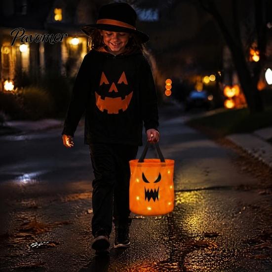 Durable Fabric Pumpkin Treat Bag Glowing Candy with LED Lights, Reusable Halloween Trick or Pail Tote for Kids, Handbag Party Favors Light Up