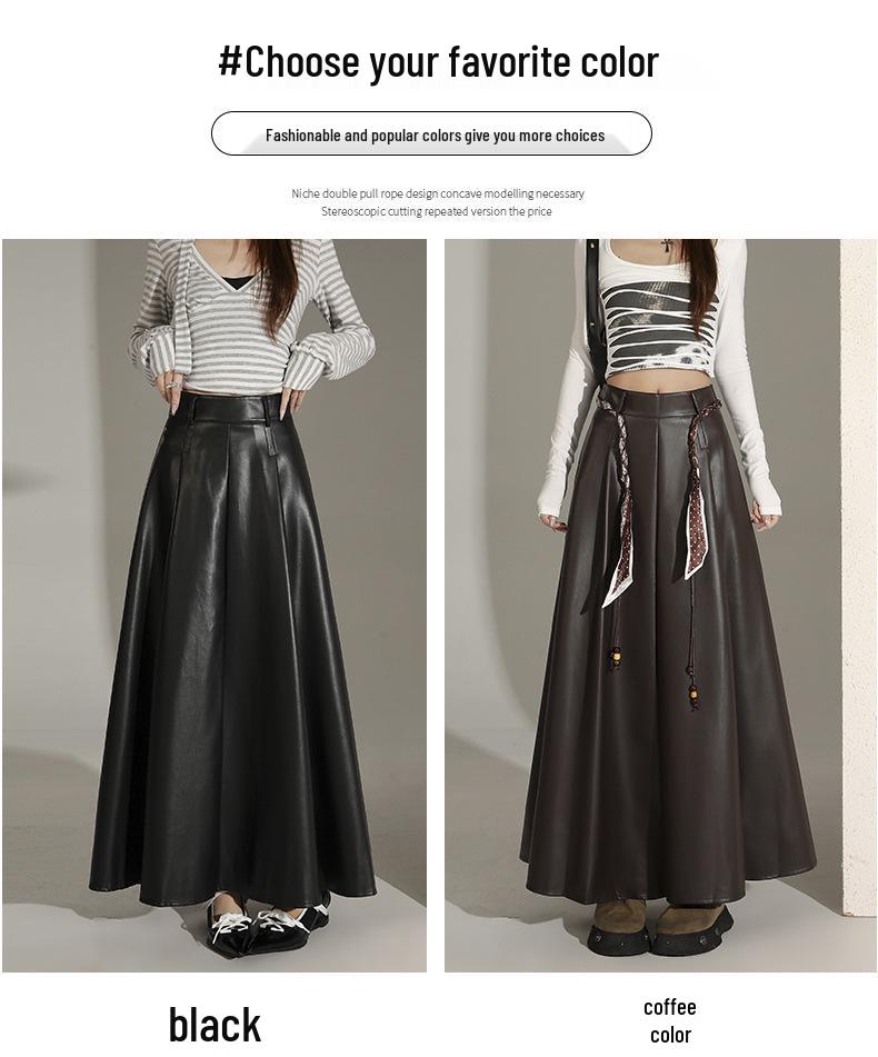 Women's High-End Retro Black PU Leather Pleated Midi Skirt - New Autumn/Winter Slim Fit, Large Swing Umbrella Style