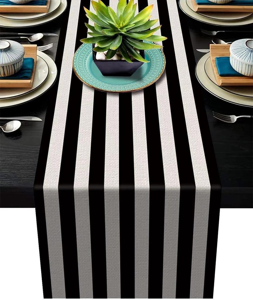Table Runner 1PCS Geometric Stripe Linen Black & White Plaid Tablecloth Placemat Home Decoration Tablecloth Tea Flag