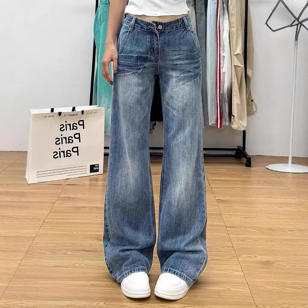 Large Size Micro Flare Washed Cracked Jeans Female Mid-waist Wide Leg Loose Design Sense Trailing Straight Trousers Jeans for Women Long Denim Pants