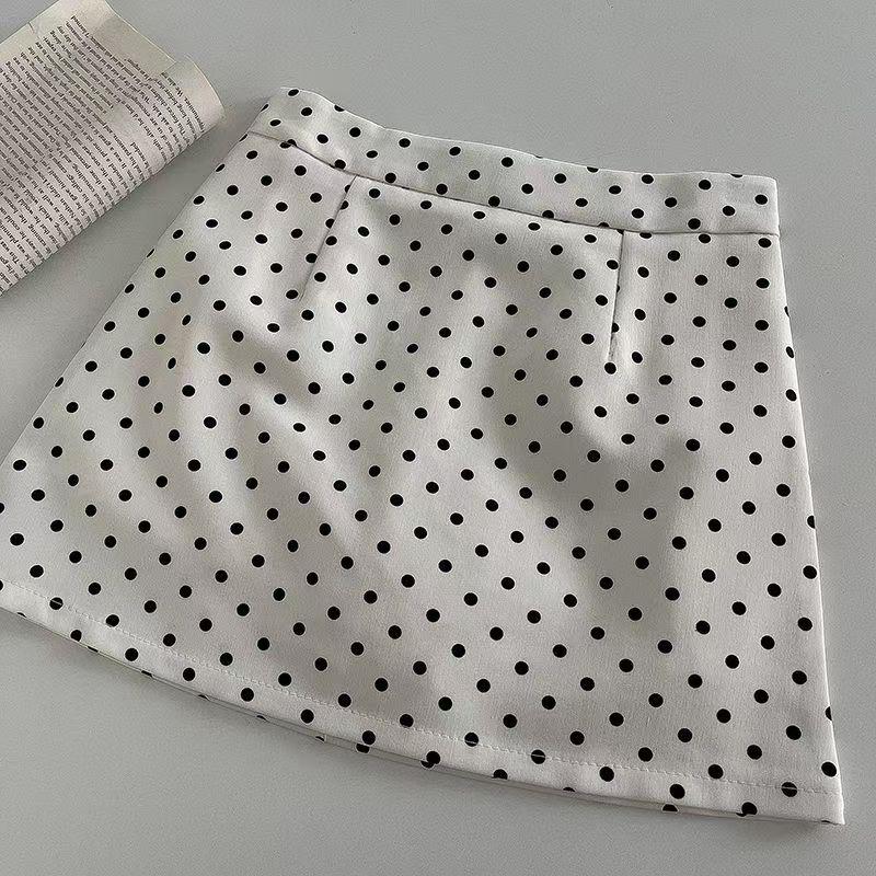 Modă Toamnă 2024 Fustă Midi A-line Albă cu Buline, cu Talie Înaltă și Tiv în Trepte