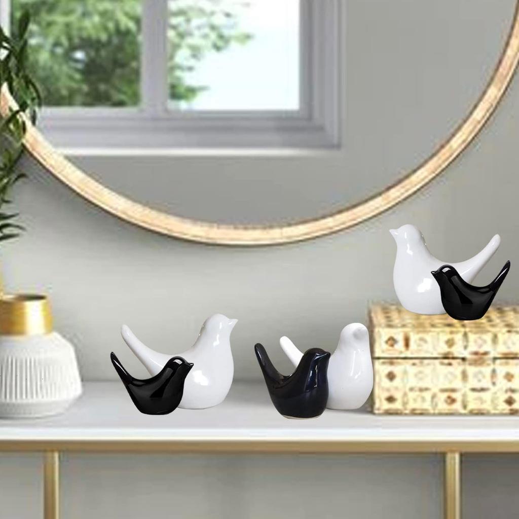 Creative White and Black Glossy Ceramic Birds Figurines Home Decorations Accessories Party (Pack of 6, Black & White)