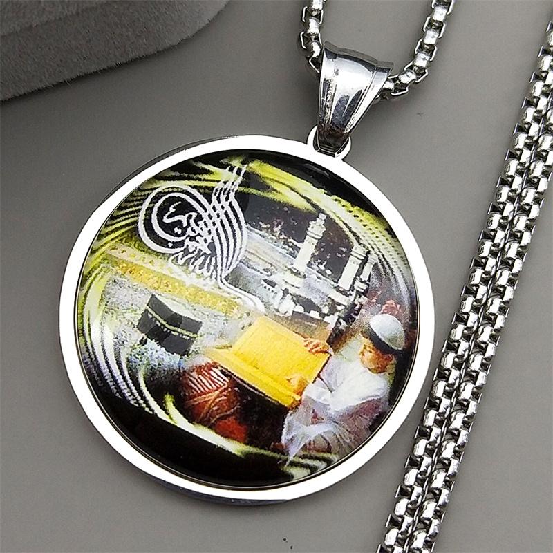 Islamic Mecca Mosque Kaaba Building Glass Pendant Necklace for Women Men Stainless Steel Arabic Quran Muslim Amulet Jewelry