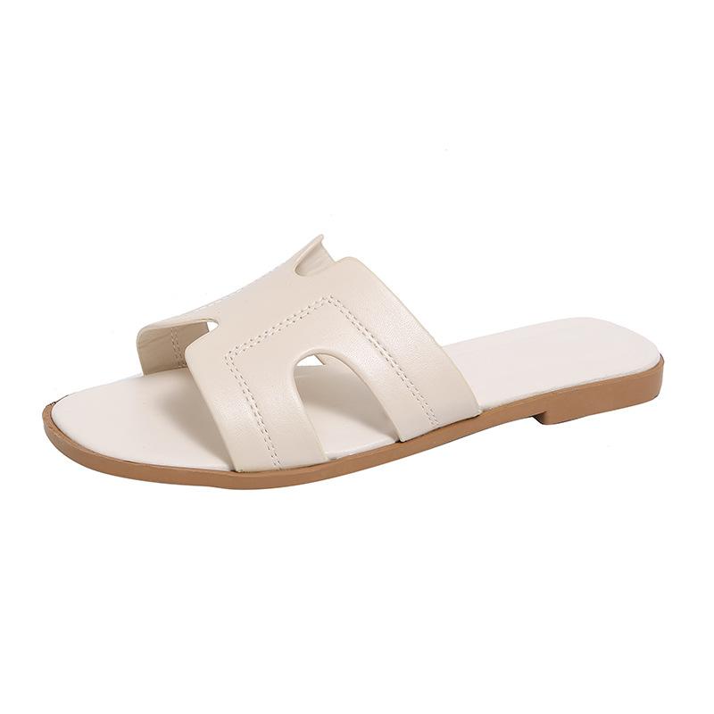 

New sandals lady summer one-word drag non-slip casual wear beach shoes women s flat slippers comfortable SE 40 бежевий