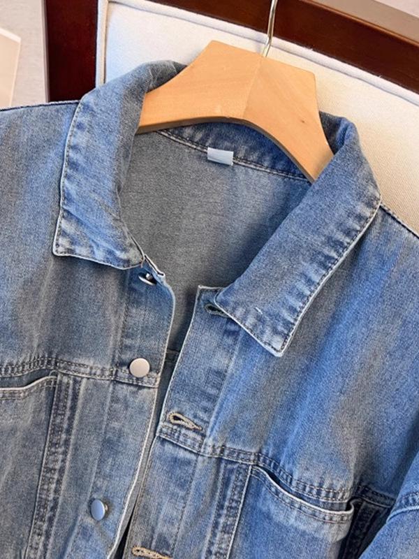 Korean Style 2025 Loose Mid-Length Denim Jacket with Large Pockets for Women Students