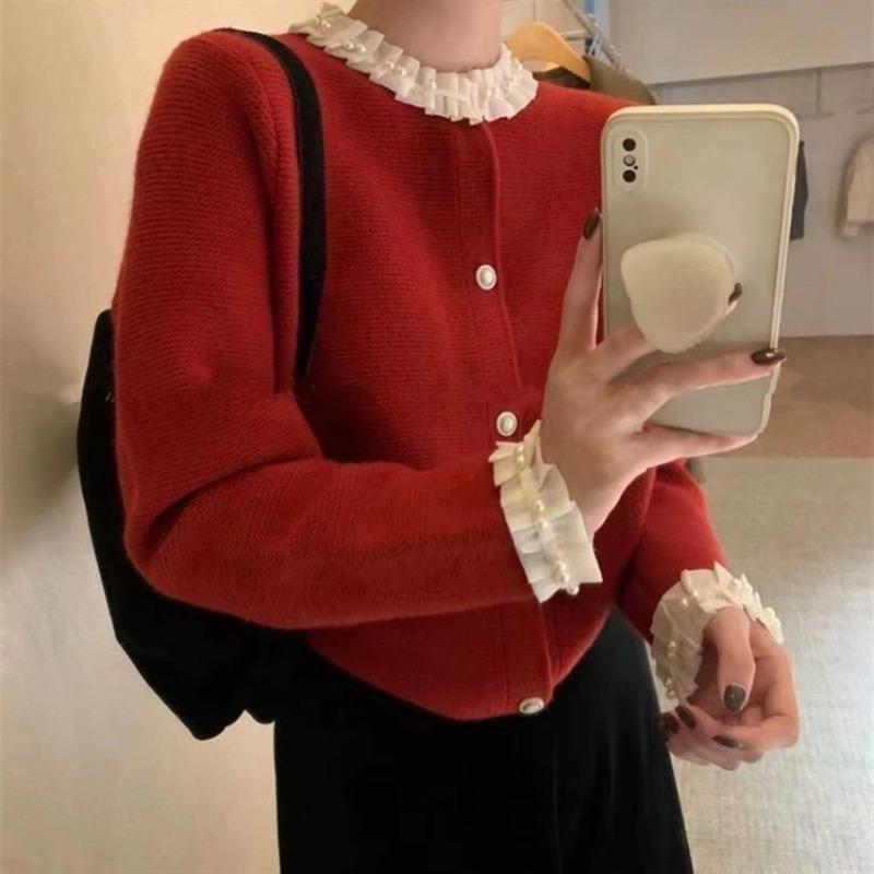 

Ажурный вязаный кардиган женский осенне-зимний новый свободный и универсальный мягкий и милый свитер куртка one size красный