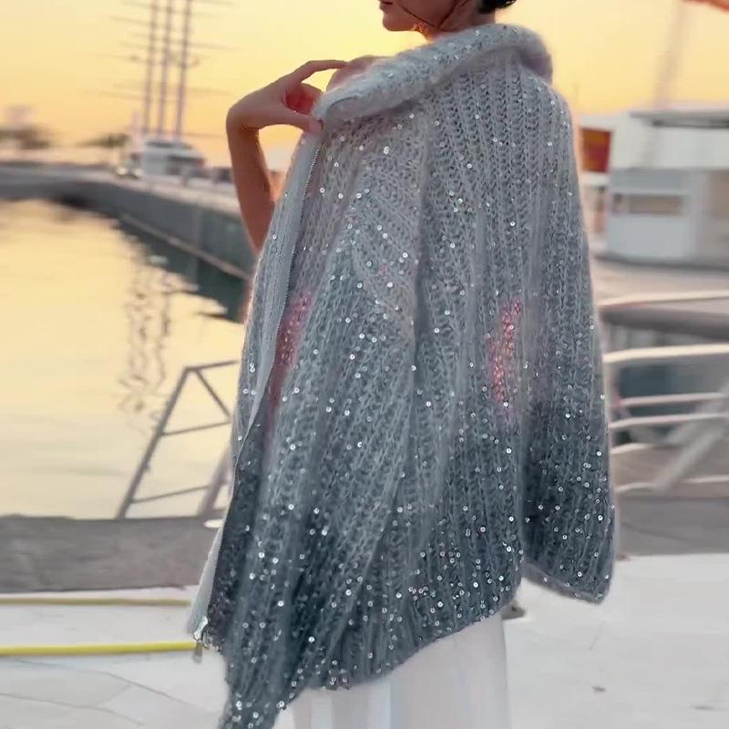 2023 podzimní/zimní evropská a americká flitrová volná svetrová bunda se stojacím límečkem pro ženy – útulný, tlustý cardigan styl