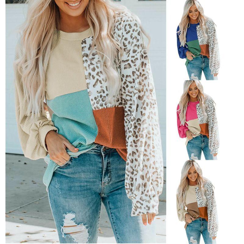 

2025 Contrasting Leopard Print Knitted Long Sleeved Top Blue L