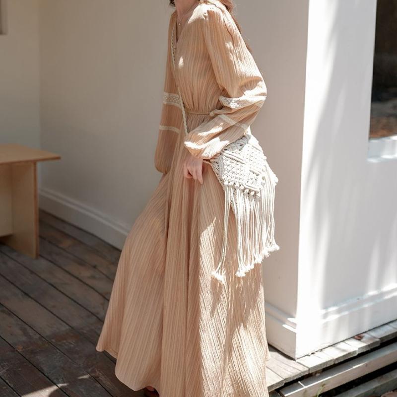 Early Autumn Women's Lady-like Temperament Dress V-Neck Vintage Long Skirt Gentle Style French Dress
