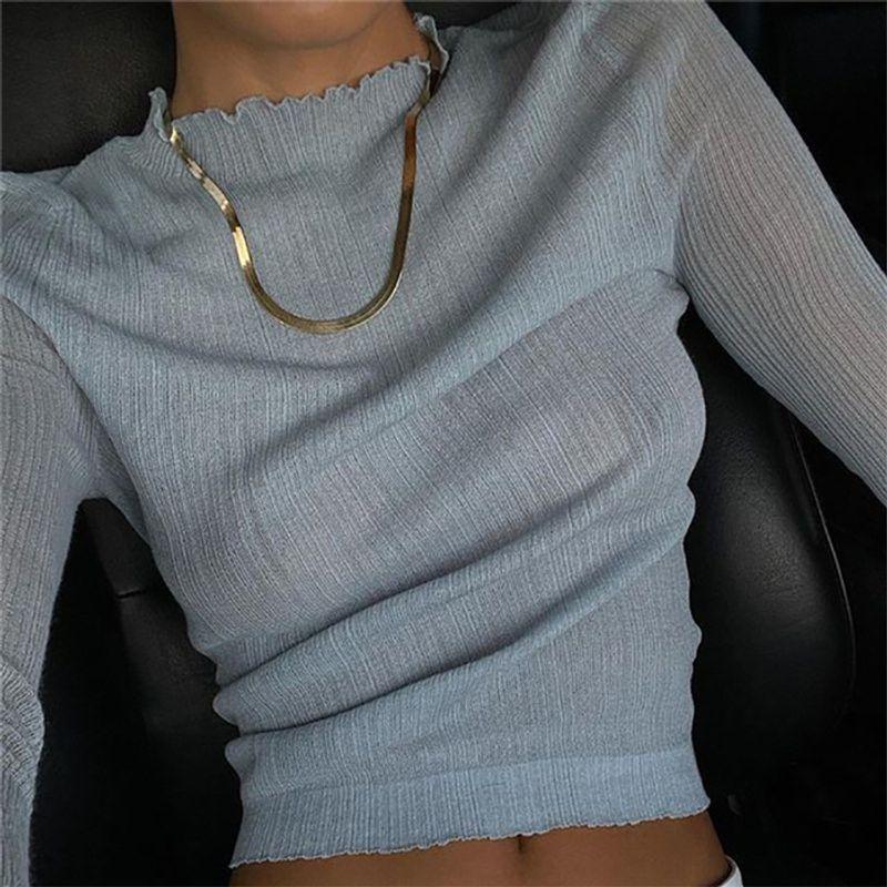 

Fashion Fashion Silm Mesh See-through Long Sleeves T-shirt Tops Female Mesh T Shirt Top Tee Women Light Blue S