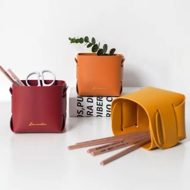 Multi-purpose Nordic Leather Desktop Storage Box For Table, Innovative Design For Makeup Brush Pen Holder Desktop Organizer