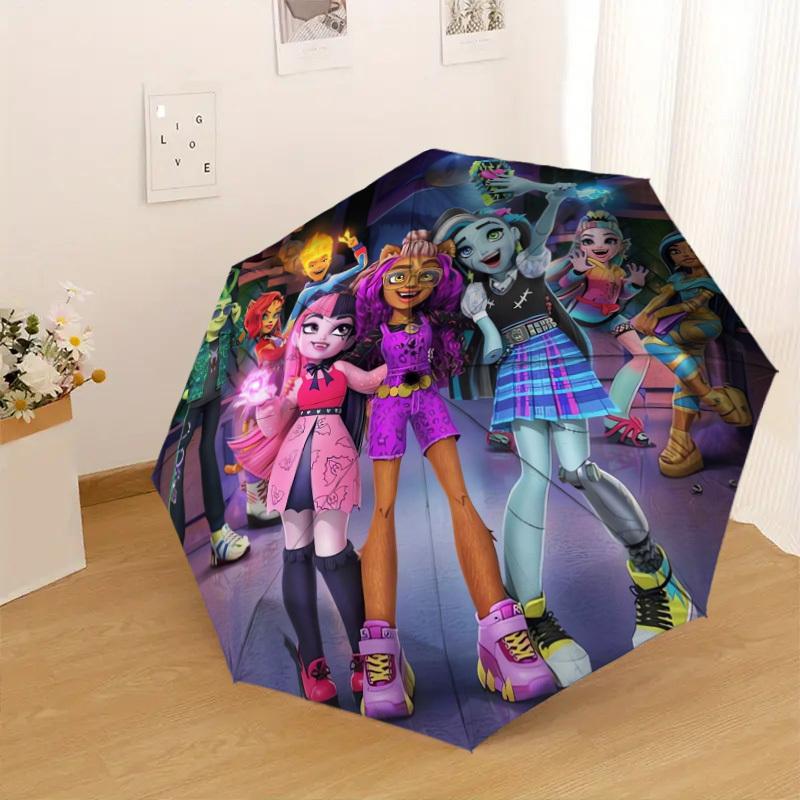 1pc Monster High Ghoulfriends Pattern Small Travel Compact Windproof Umbrella, Automatic Folding Umbrella, Automatic Open/Close ,Gift