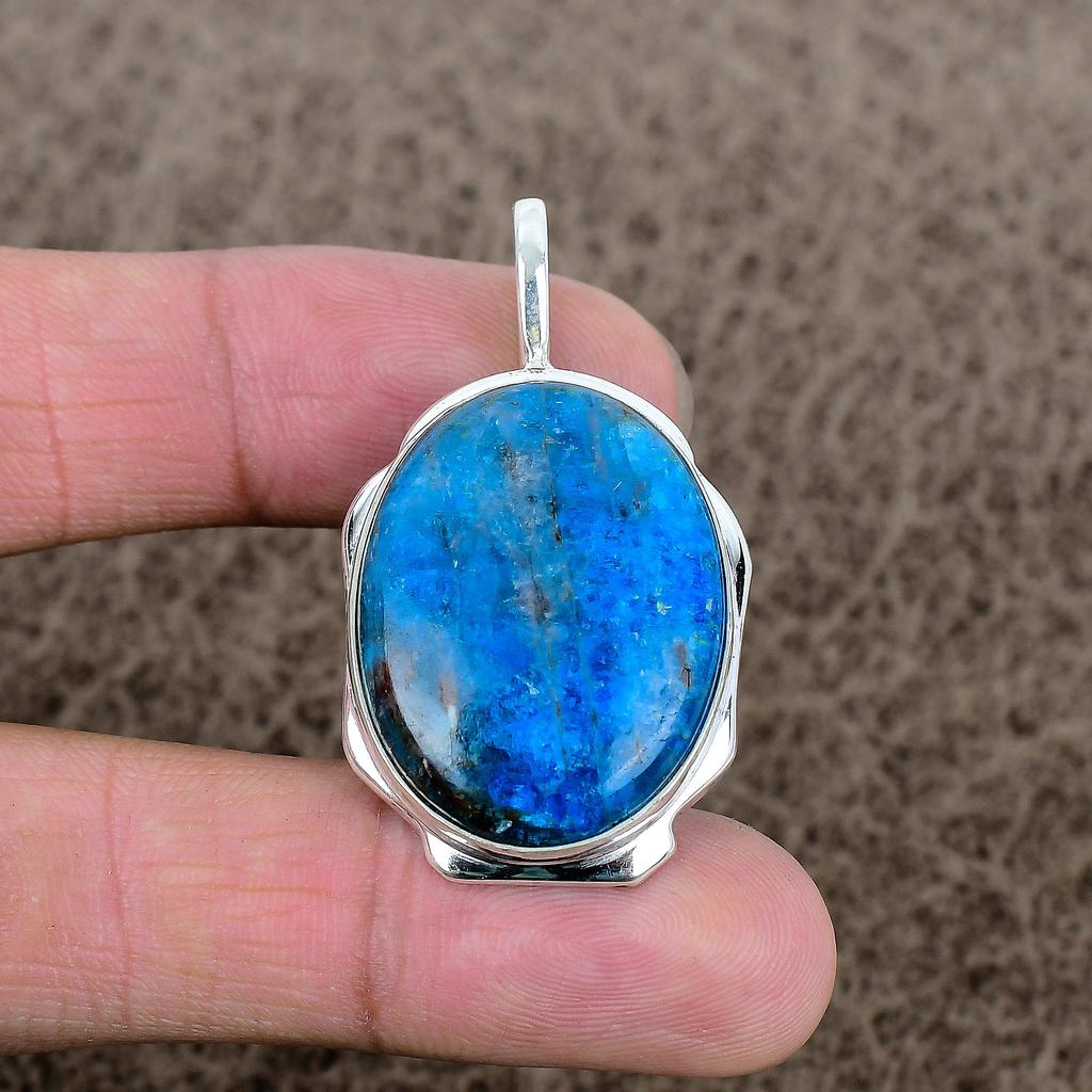 Neon Blue Apatite Gemstone 925 Sterling Silver Jewelry Pendant 1.85" KKG-388