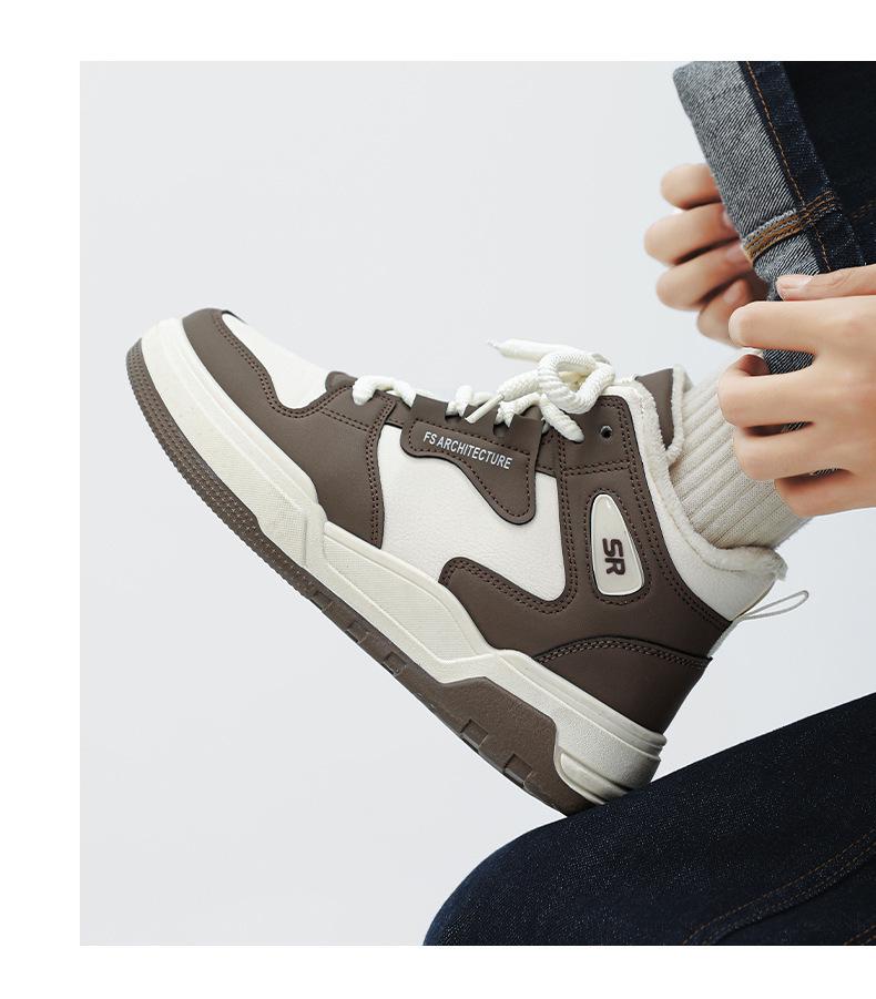 Men's Fleece-Lined High-Top Winter Sneakers - Trendy Hong Kong Style, Versatile Casual Cotton Shoes for Warmth and Comfort.