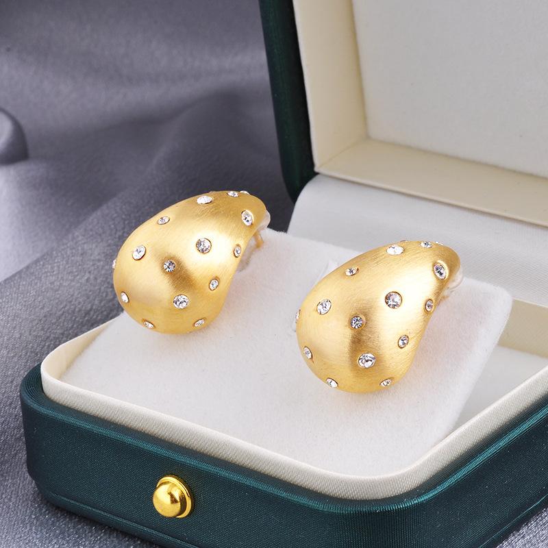 Light Luxury Matte Gold Waterdrop Earrings - Scattered Zircon Inlaid Geometric Stud Earrings for Women Niche Design