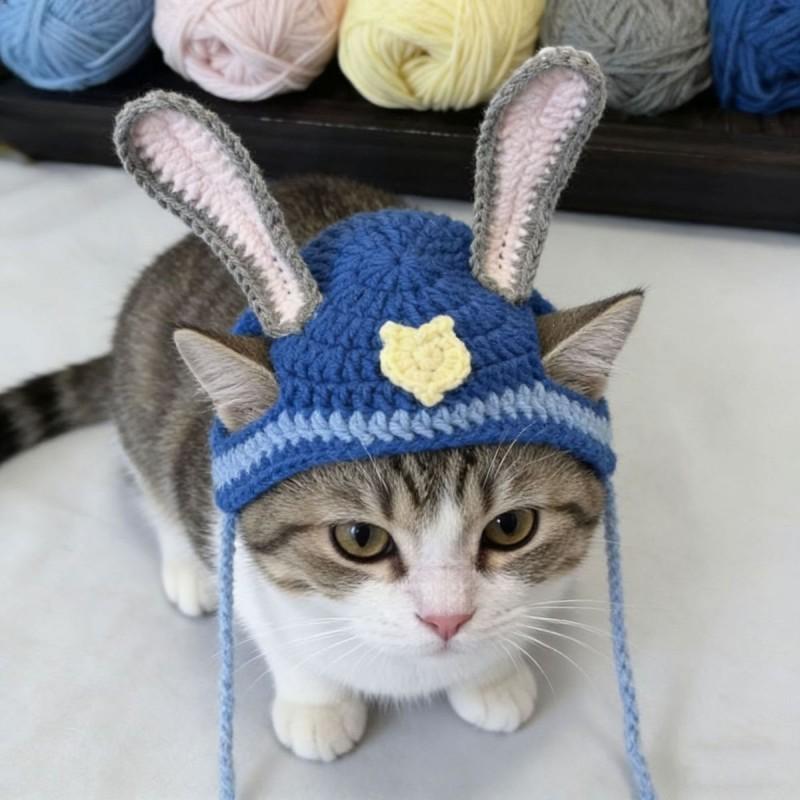Handgehäkelte Katzenmütze Kaninchen Polizist Cosplay Kostüm Kleine Katzen Welpen Tragen