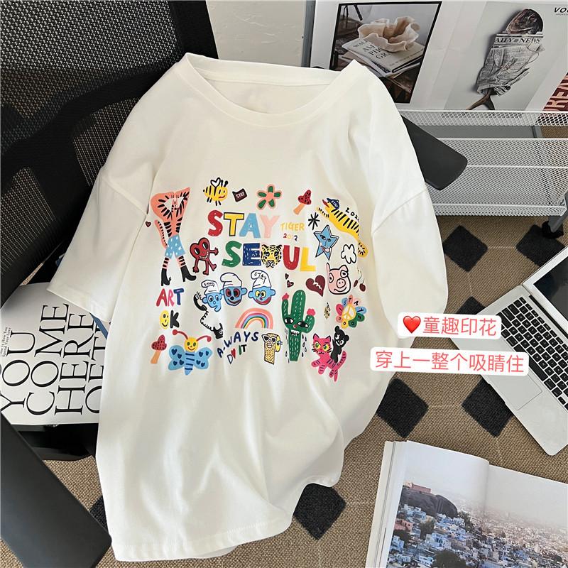 

% Хлопок Плечевая Задняя Сумка Воротник Веселая Мультяшная Печать Футболка Женская Омолаживающая Белая Короткий Рукав Мода S белый