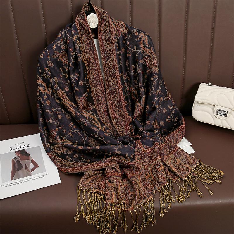 Luxury Tassel Blanket Design Thick Jacquard Pashmina Hijab Winter Warm Shawl Wrap Cashmere Scarf Women Neckerchief Poncho Stoles