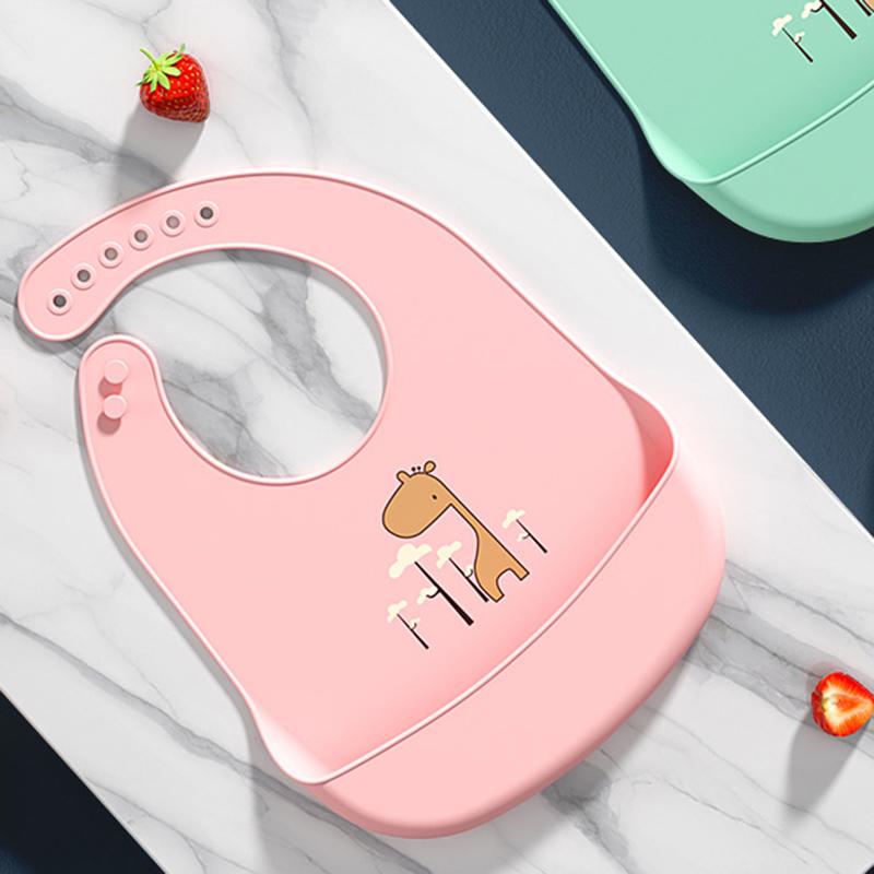 Cute Waterproof Soft Silicone Baby Bibs Solid Color Cartoon Print Baby Feeding Stuff Kids Girl Boy Adjustable Children Bib