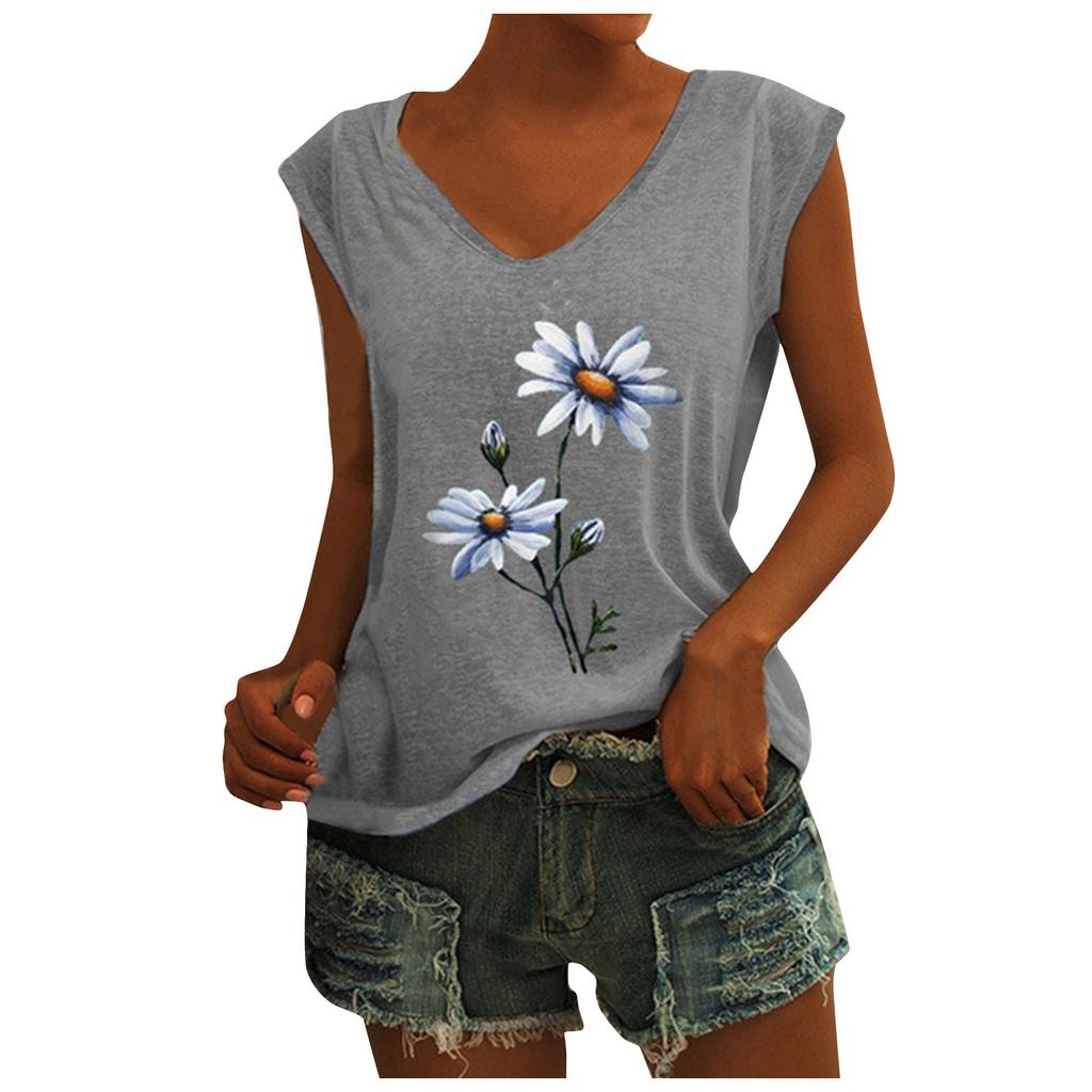 Women's V-Neck T-Shirt Casual Cap Sleeve Vest Print Loose Blouse Fit Tank Tops
