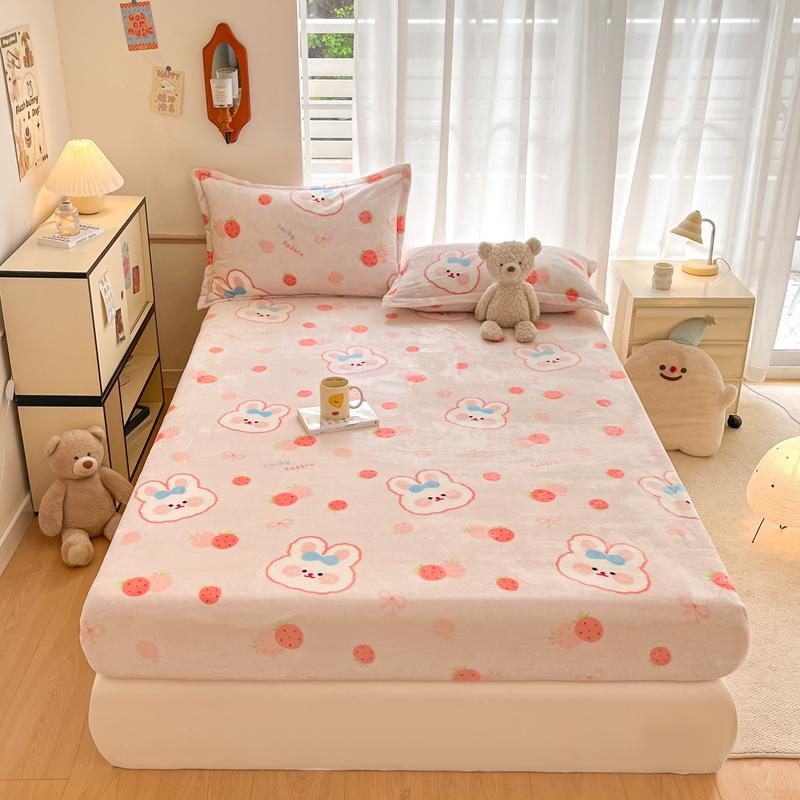 Cute Cartoon Bear Pattern Flannel Fitted Sheet Set Warm Breathable Super Soft Deep Pockets Mattress Cover for Kids Boys Girls