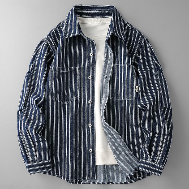 

Men s Trendy Washed Striped Shirt Jacket - 2025 Spring/Summer/Autumn Japanese Casual Style M синий