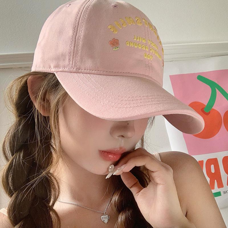 Flower Pink Letter Embroidered Baseball Cap Women'S Spring Summer Versatile Soft Top Big Head Circumference Cap Showing Face Small Hat