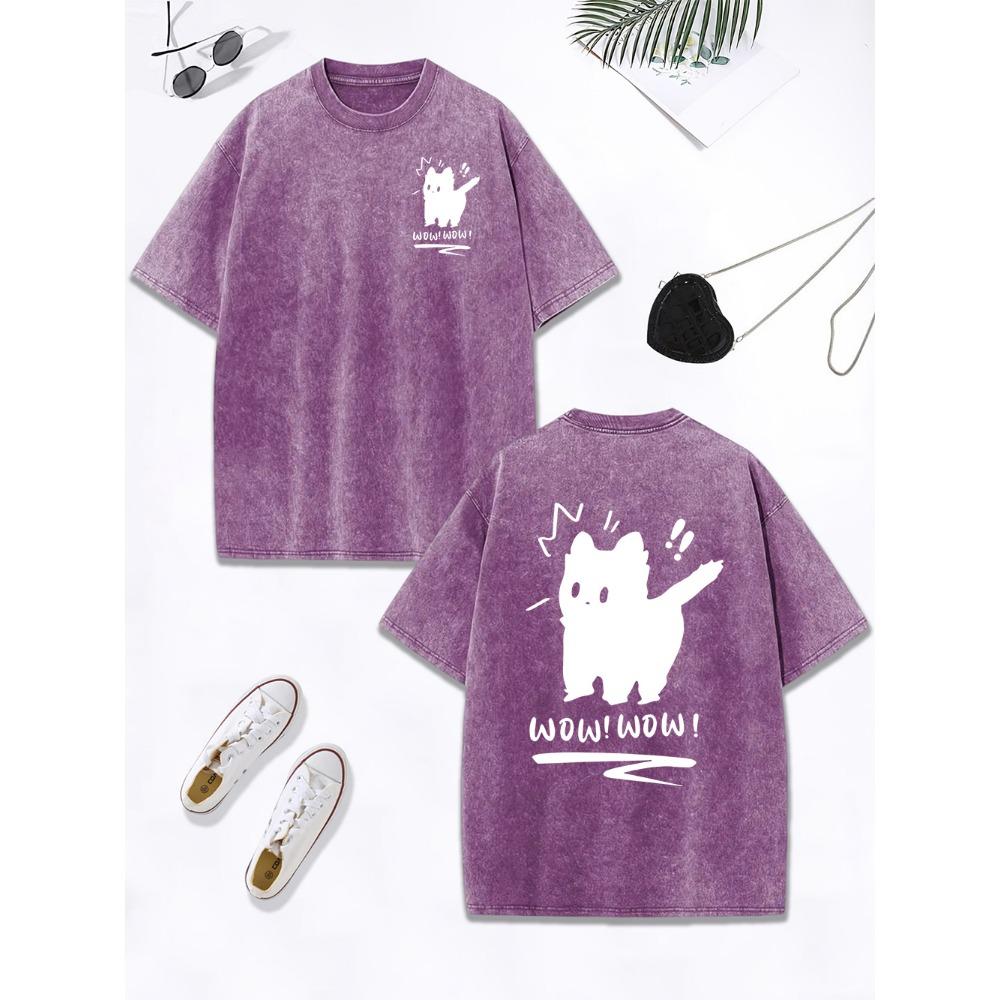 Wow Cute Scared Black Cat Printing Washed T-Shirts Women Cotton Oversized Tops O-Neck Distressed T Shirt  Womans Clothes