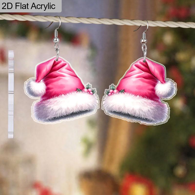 2D Flat Acrylic Cute Pink Christmas Hat Dangle Earrings, A Festive Gift for Women, Perfect As Holiday Party Jewelry.