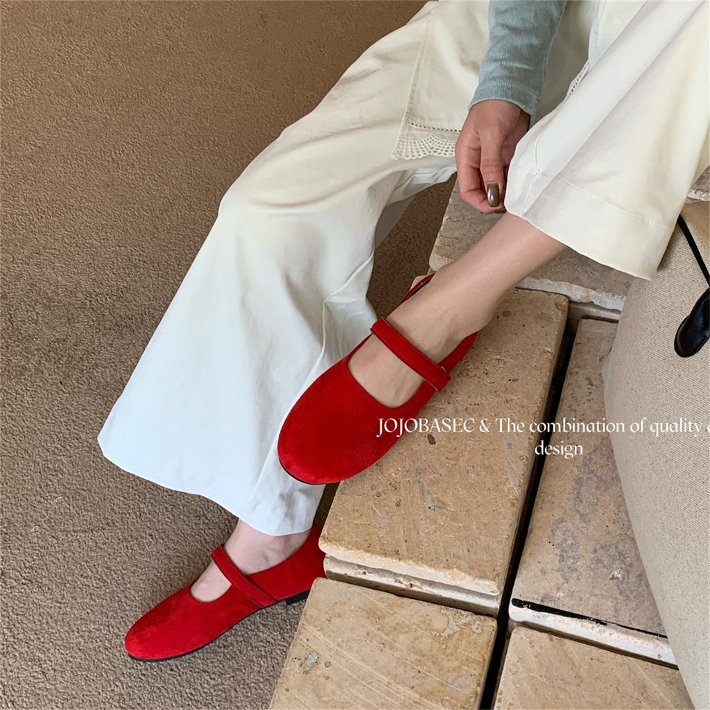 French retro suede ballet single shoes women's 2025 autumn new Korean version one-word strap flat Mary Jane women's shoes