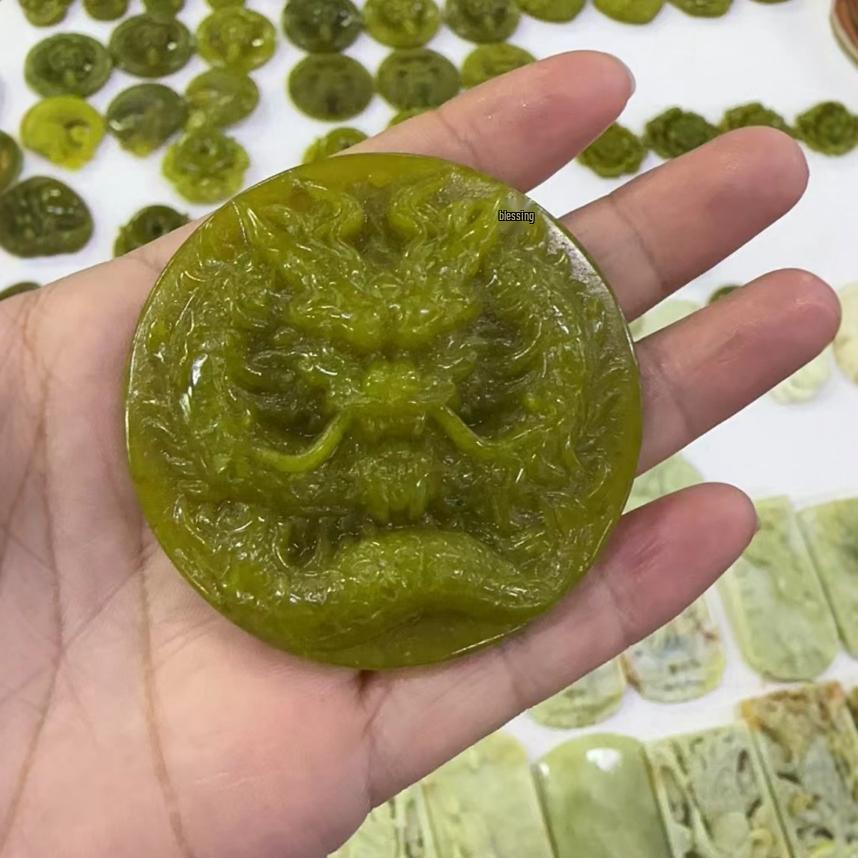Natural Xiuyan Jade Dragon Pendant, 56mm, Avocado Green and Golden Jade. 7th Generation