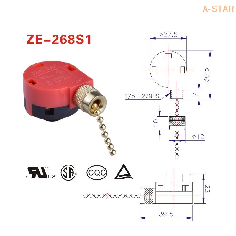 Red Ceiling Fan Switch 3 Speed 4 Wire ZE-268S6 Fan Pull Chain Switch Replacement Speed Control Switch Plastic + Metal