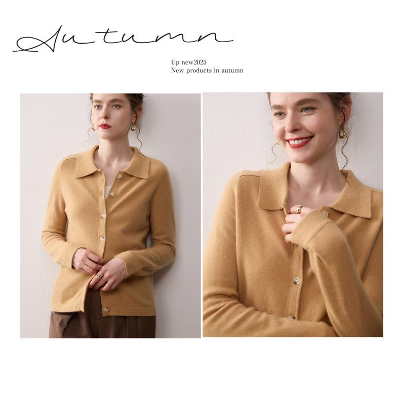 Women's Cashmere POLO Collar Cardigan - Elegant Solid Color Knit Outerwear for Autumn/Winter