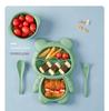 Cute Cartoon Kids' Divided Plate & Feeding Set: 4-Piece Infant Bowl, Spoon & Fork