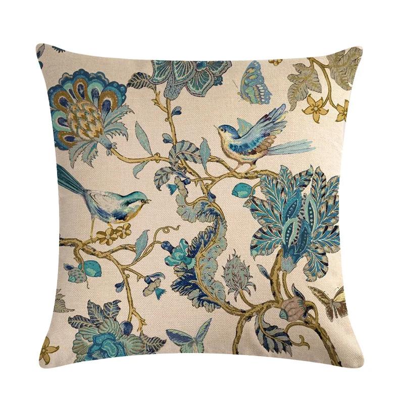 American Country Flower Bird Series Flax Embrace Pillowcase Home Sofa Adornment Cushion Cover 45*45cm
