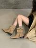 Korean Version of Small Square Head Metal Buckle Thick Heel Short Boots Women's Versatile Fashion Suede Western Boots Medium Boots Short Boots