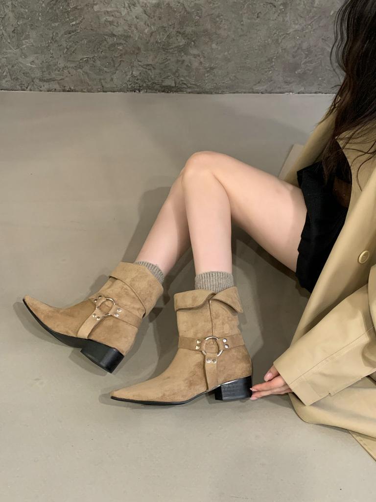 Korean Version of Small Square Head Metal Buckle Thick Heel Short Boots Women's Versatile Fashion Suede Western Boots Medium Boots Short Boots