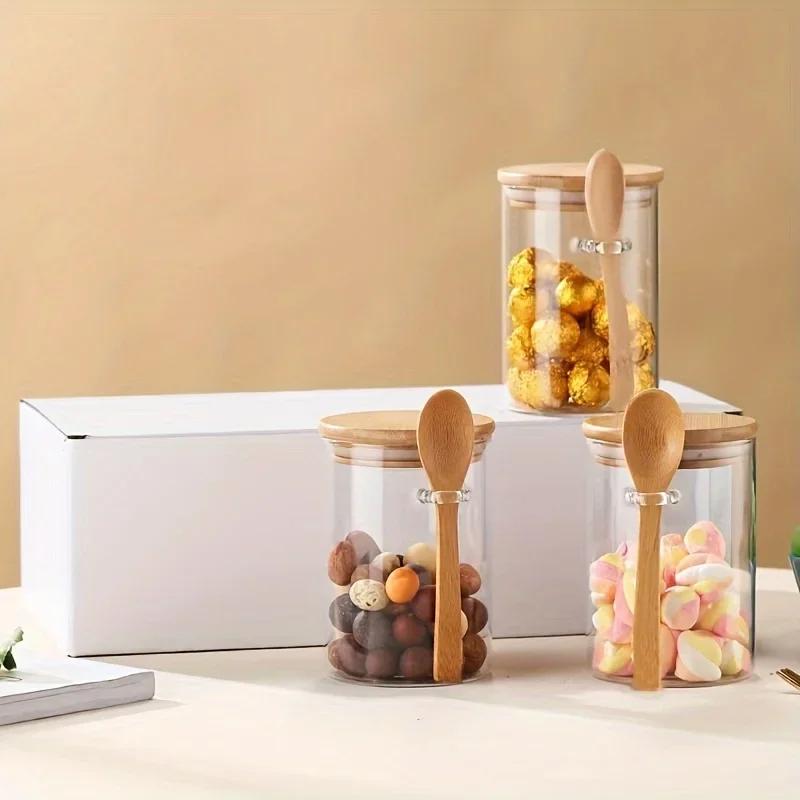 280ml Candy Jar, Biscuit Jar, Glass Storage Jar With Sealed Bamboo Lid And Spoon - 10oz Transparent Glass Bulk Food Storage Jar