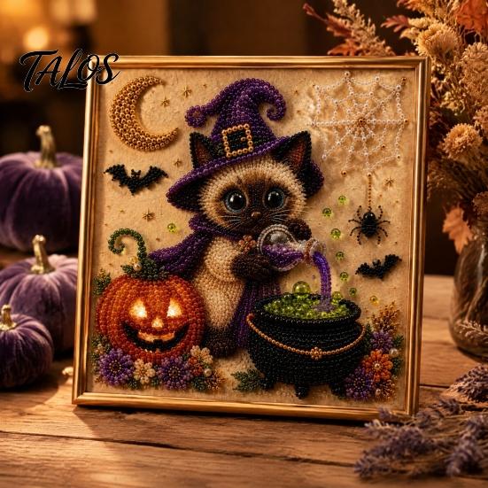 Creative Gifts for Cat Lovers Halloween Witch Hat DIY 3D Pearl Painting Kit with Frame, Hand-Pasted Art Craft Adults, Relaxing Handcrafted Living Room