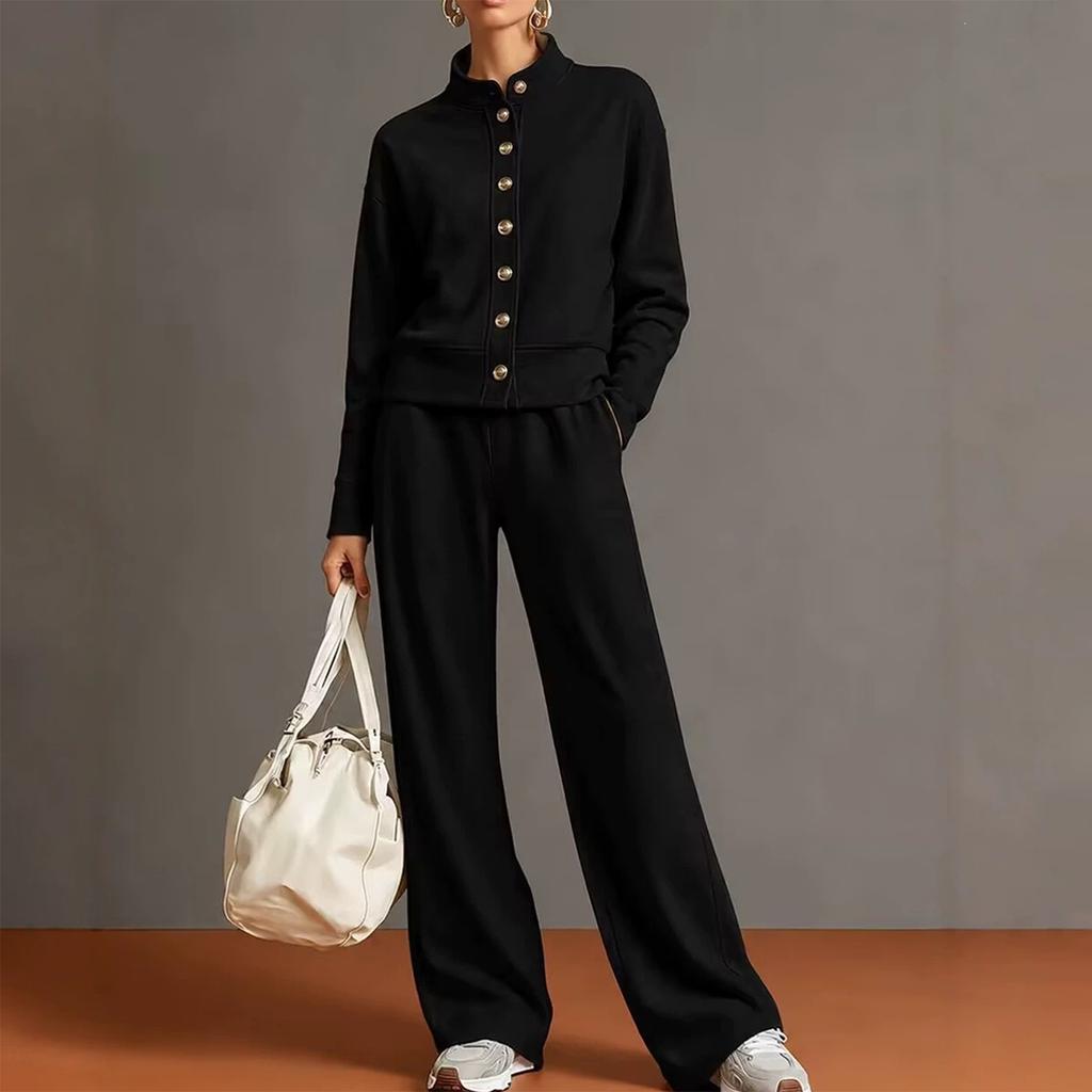 Women's 2 Piece Outfit Set Color Stand Collar Zip Up Hoodie Sweatshirt and Wide Leg Pants Casual Wear