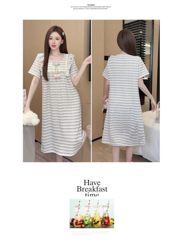 2026 Women's Sweet Casual Mid-Length Plus Size Striped V-Neck Short-Sleeve Nightgown
