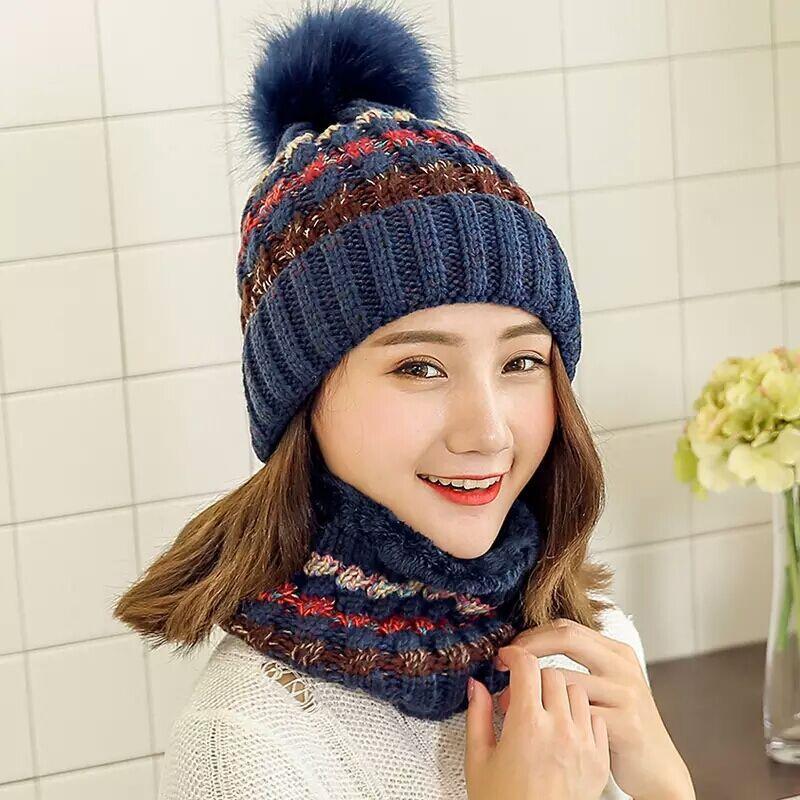 Hat Ladies Winter Trendy Autumn Winter Cute Versatile Knitted Mask Scarf Fleece Cycling Ear Protector Wool Cap