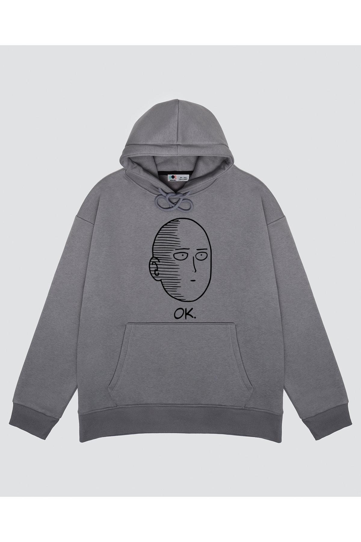 

Unisex Gri Kapşonlu Sweatshirt One Punch Man Ok Face