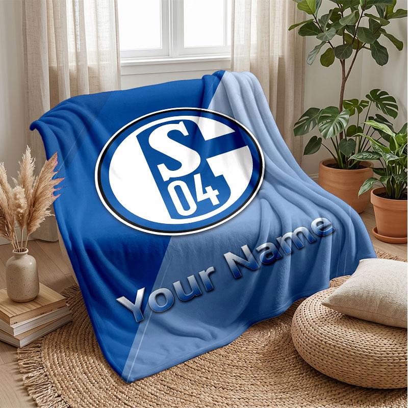 Schalke 04 FC Custom Name Text Flannel Blanket Soccer Logo Personalized Fleece Throw Blanket Special Gift For Sofa Bedroom Home