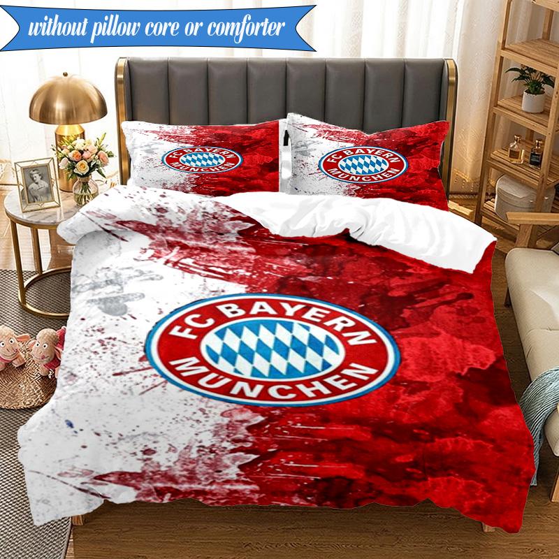 Zestaw pościeli miękkiej z nadrukiem FC Bayern München, 3 sztuki, w tym 1 poszewka na kołdrę i 2 poszewki na poduszki, idealny do sypialni, akademika, prezent dla fana