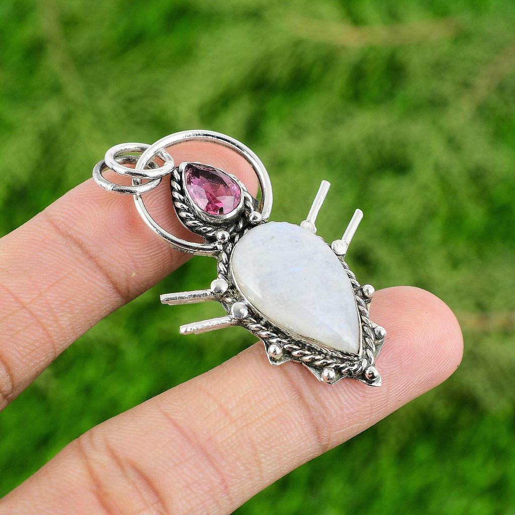 Rainbow Moonstone Gemstone Pink Tourmaline Pendant Jewelry 925 Sterling Silver