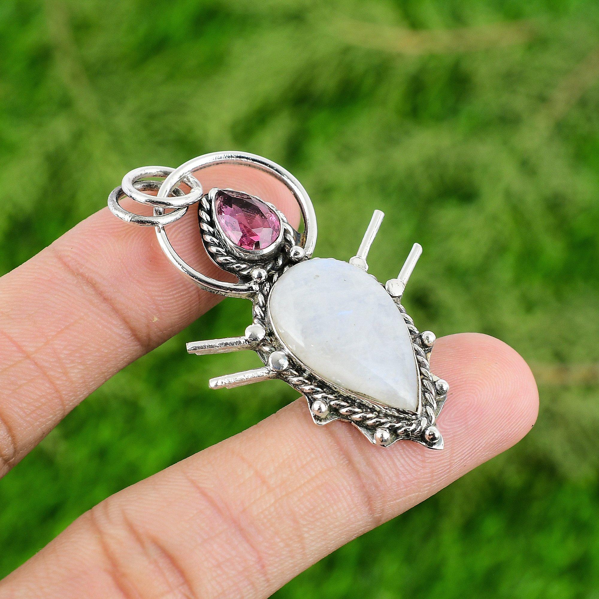 

Rainbow Moonstone Gemstone Pink Tourmaline Pendant Jewelry 925 Sterling Silver